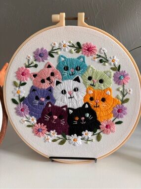 Embroidered Multi-Color Cat 8” Hoop Art - Decorative Cat Wall Hanging